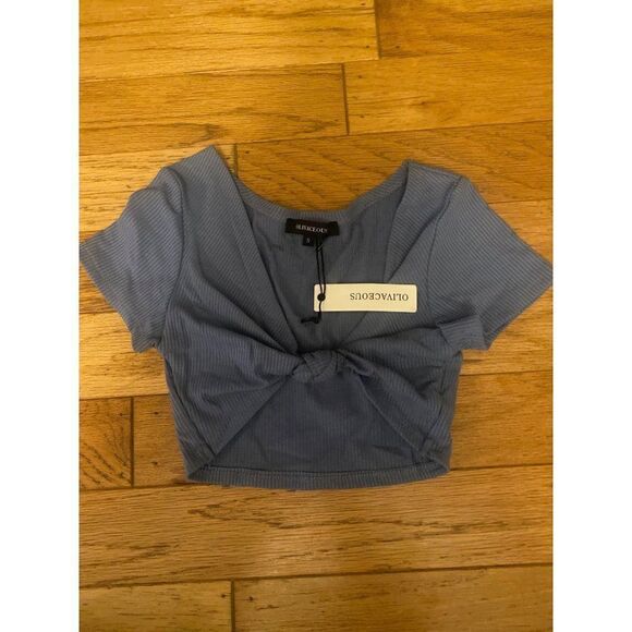 NWT Olivaceous, women's blue ribbed cropped tied front short sleeve top size sm - Picture 1 of 8